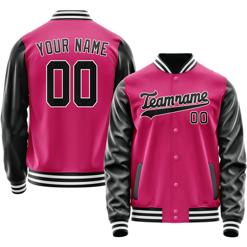 Custom Pink Black Solid Color Varsity Letterman Jacket