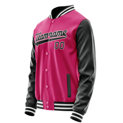 Custom Pink Black Solid Color Varsity Letterman Jacket