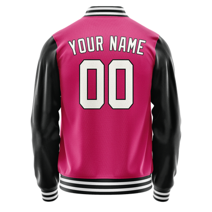 Custom Pink Black Solid Color Varsity Letterman Jacket