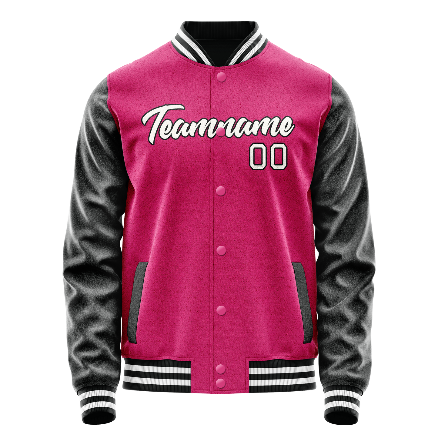 Custom Pink Black Solid Color Varsity Letterman Jacket