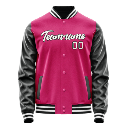 Custom Pink Black Solid Color Varsity Letterman Jacket