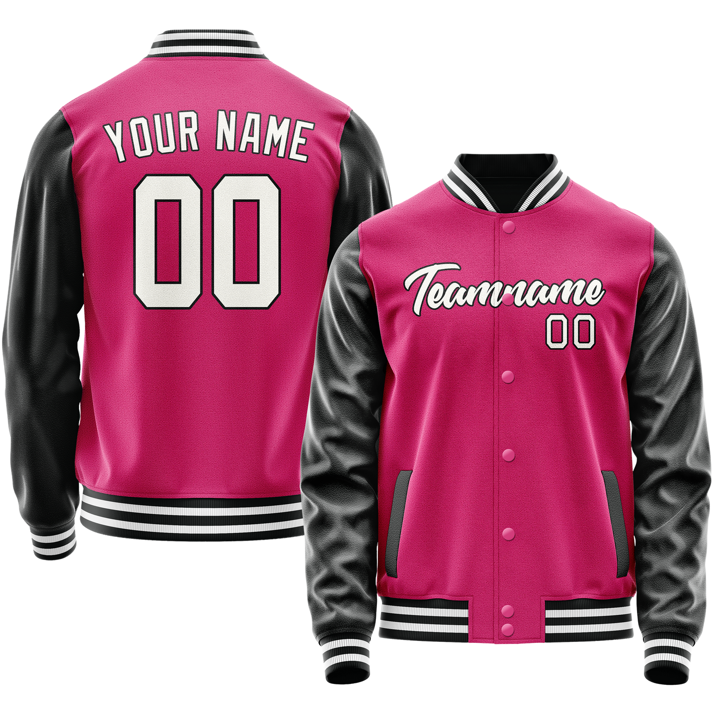 Custom Pink Black Solid Color Varsity Letterman Jacket