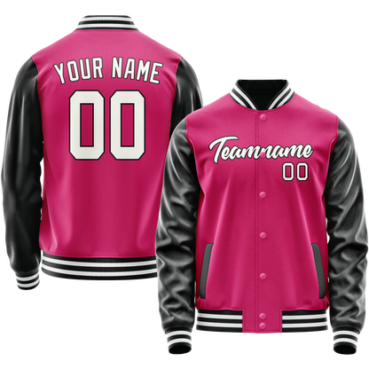 Custom Pink Black Solid Color Varsity Letterman Jacket