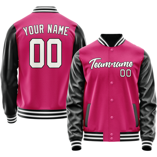Custom Pink Black Solid Color Varsity Letterman Jacket
