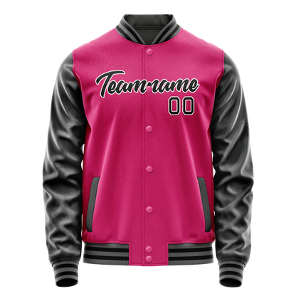 Custom Pink Black Solid Color Varsity Letterman Jacket