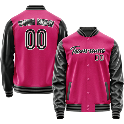 Custom Pink Black Solid Color Varsity Letterman Jacket