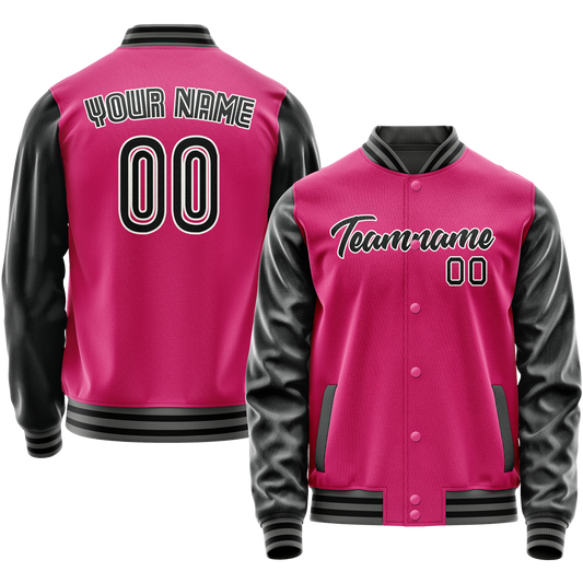 Custom Pink Black Solid Color Varsity Letterman Jacket