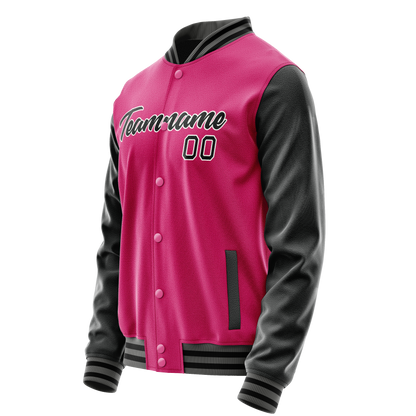Custom Pink Black Solid Color Varsity Letterman Jacket
