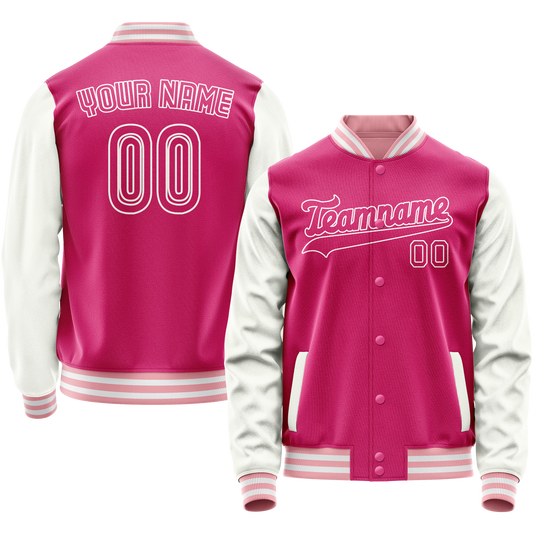 Custom Pink White Solid Color Varsity Letterman Jacket