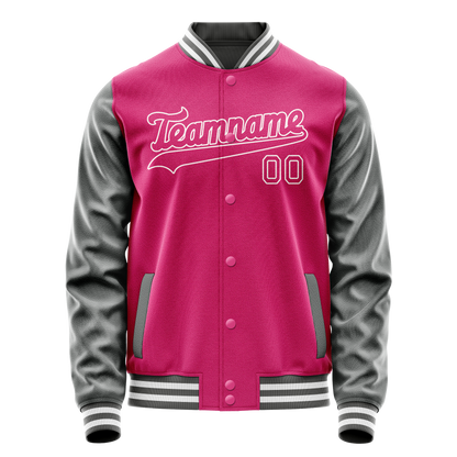Custom Pink Gray Solid Color Varsity Letterman Jacket