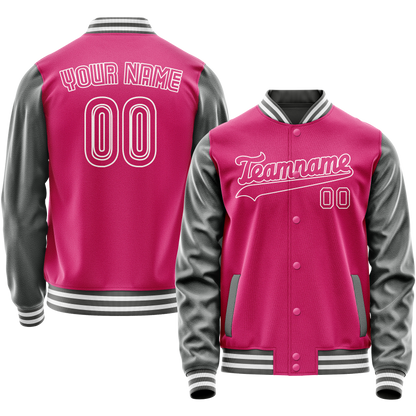 Custom Pink Gray Solid Color Varsity Letterman Jacket