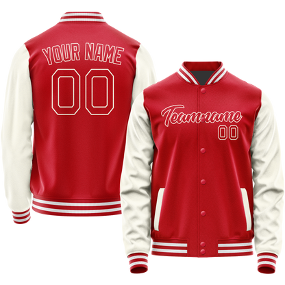 Custom Red Cream Solid Color Varsity Letterman Jacket