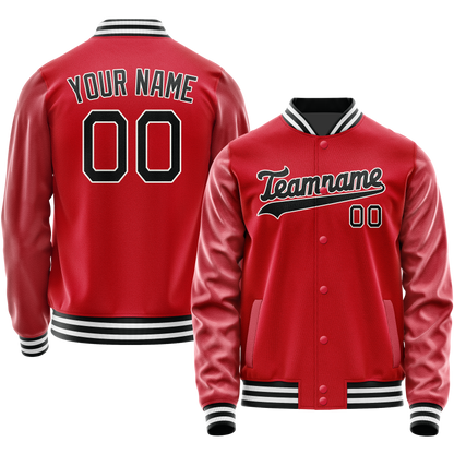 Custom Red Black Solid Color Varsity Letterman Jacket