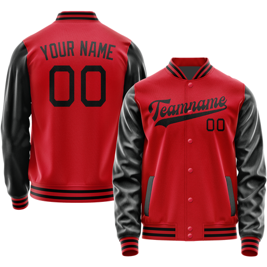 Custom Red Black Solid Color Varsity Letterman Jacket