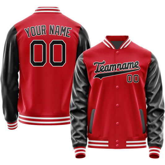Custom Red Black Solid Color Varsity Letterman Jacket