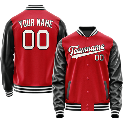 Custom Red Black Solid Color Varsity Letterman Jacket