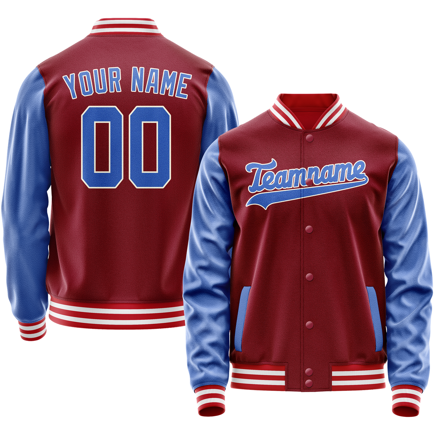 Custom Crimson Light-Blue Solid Color Varsity Letterman Jacket