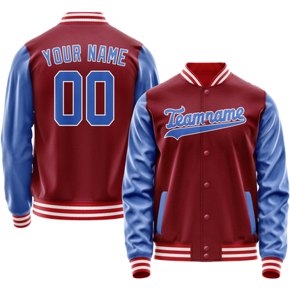 Custom Crimson Light-Blue Solid Color Varsity Letterman Jacket