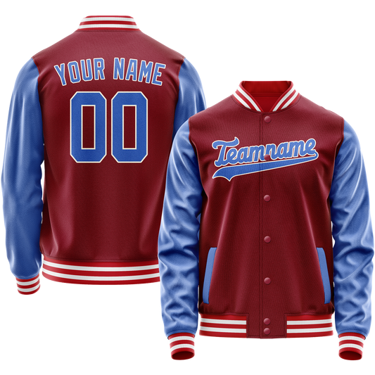 Custom Crimson Light-Blue Solid Color Varsity Letterman Jacket