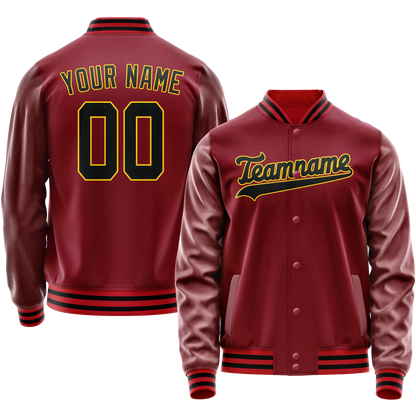 Custom Crimson Black Solid Color Varsity Letterman Jacket