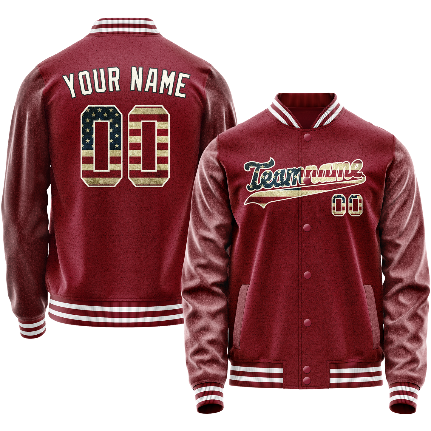 Custom Crimson Cream Vintage Usa Flag Varsity Letterman Jacket