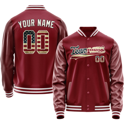 Custom Crimson Cream Vintage Usa Flag Varsity Letterman Jacket