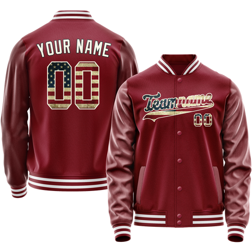 Custom Crimson Cream Vintage Usa Flag Varsity Letterman Jacket