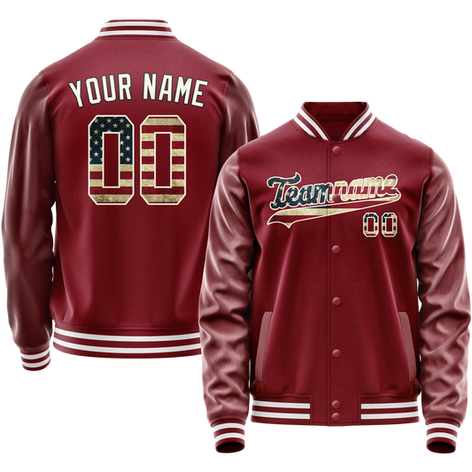 Custom Crimson Cream Vintage Usa Flag Varsity Letterman Jacket