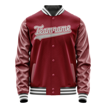 Custom Crimson Gray Solid Color Varsity Letterman Jacket