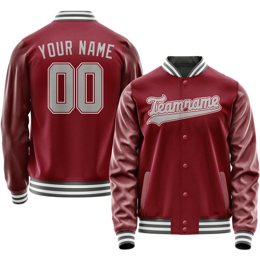 Custom Crimson Gray Solid Color Varsity Letterman Jacket