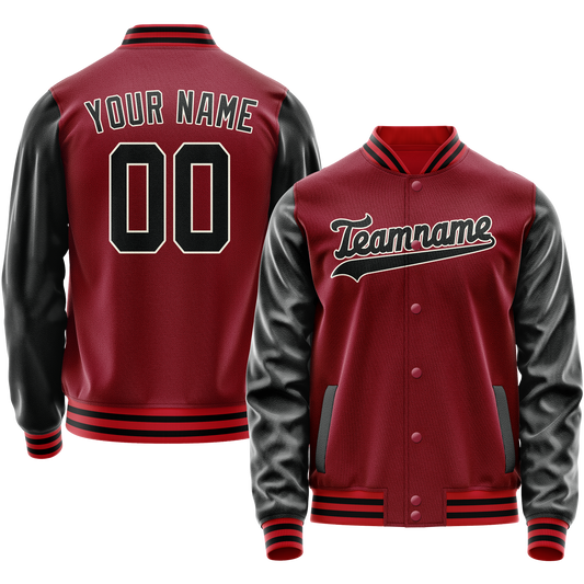 Custom Crimson Black Solid Color Varsity Letterman Jacket