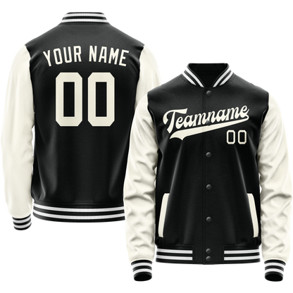 Custom Black Cream Solid Color Varsity Letterman Jacket
