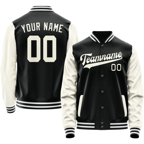 Custom Black Cream Solid Color Varsity Letterman Jacket
