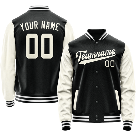 Custom Black Cream Solid Color Varsity Letterman Jacket