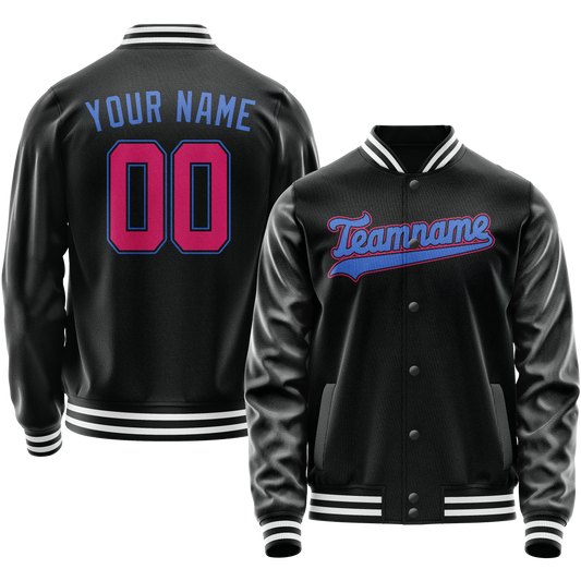Custom Black Light-Blue Solid Color Varsity Letterman Jacket