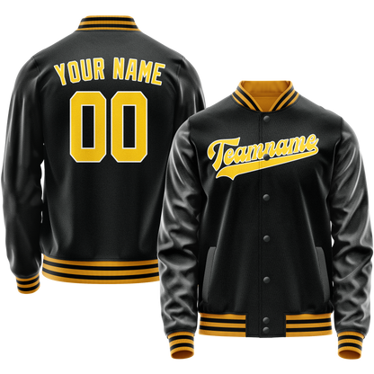 Custom Black Gold Solid Color Varsity Letterman Jacket