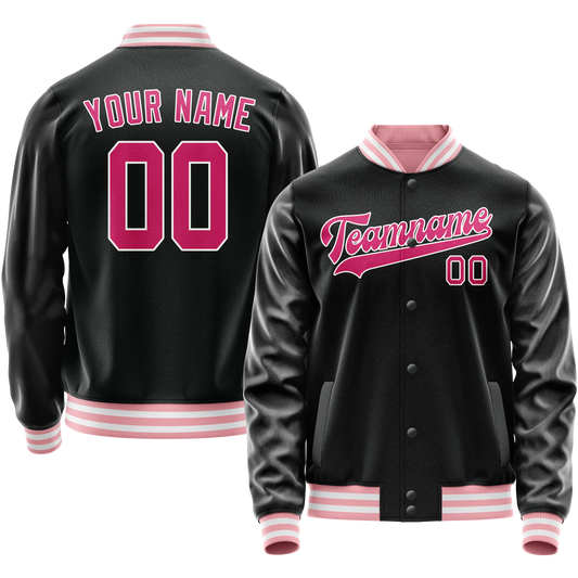 Custom Black Pink Solid Color Varsity Letterman Jacket