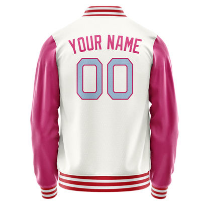 Custom White Pink Solid Color Varsity Letterman Jacket