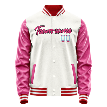 Custom White Pink Solid Color Varsity Letterman Jacket