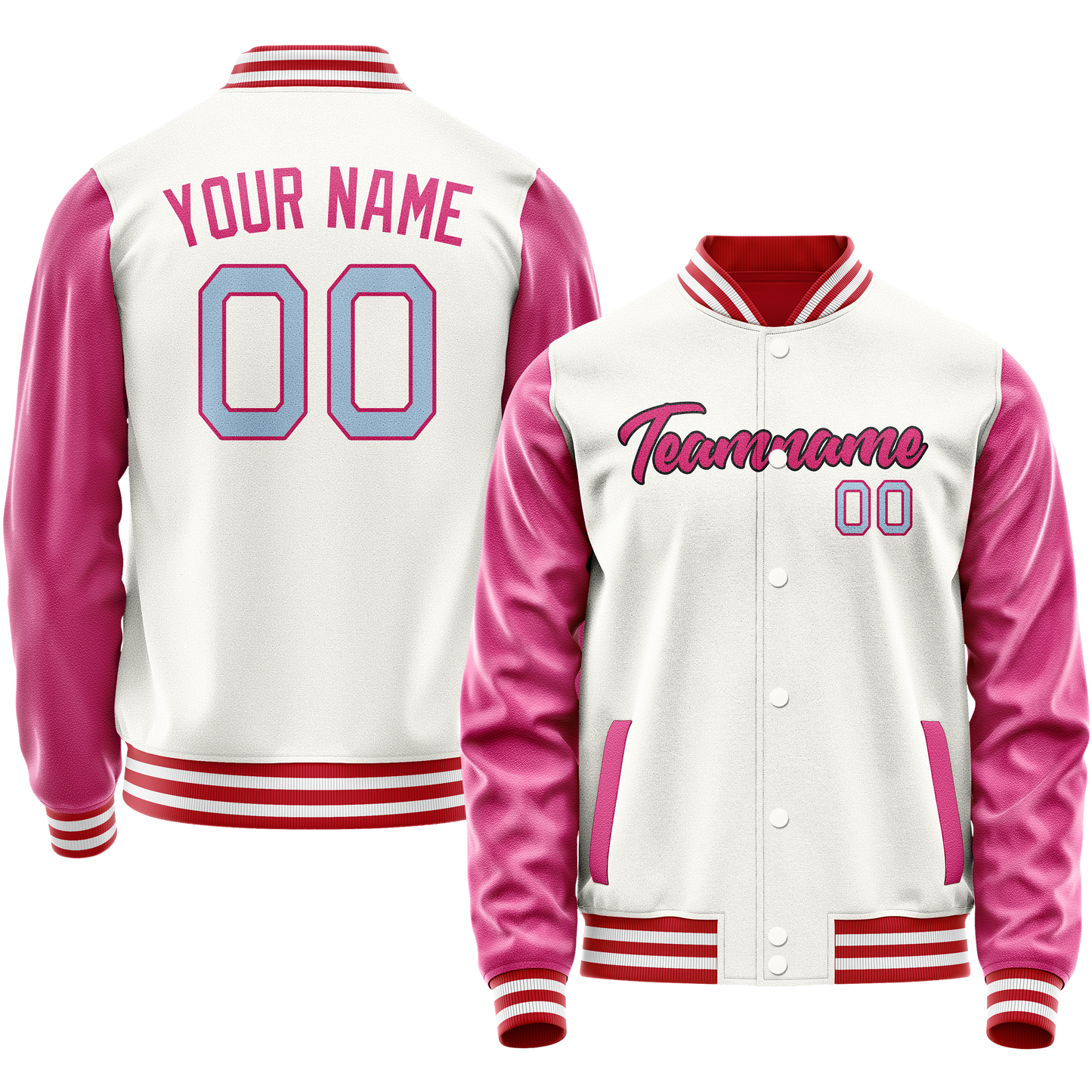 Custom White Pink Solid Color Varsity Letterman Jacket