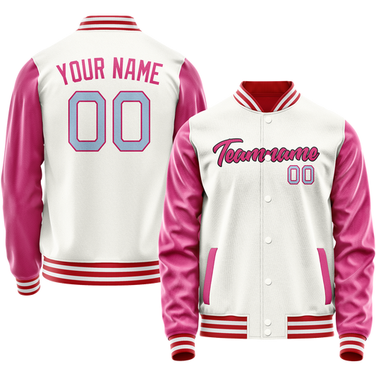 Custom White Pink Solid Color Varsity Letterman Jacket