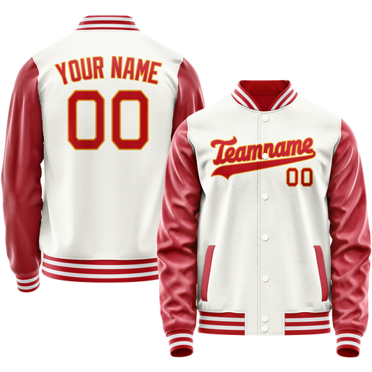 Custom White Red Solid Color Varsity Letterman Jacket