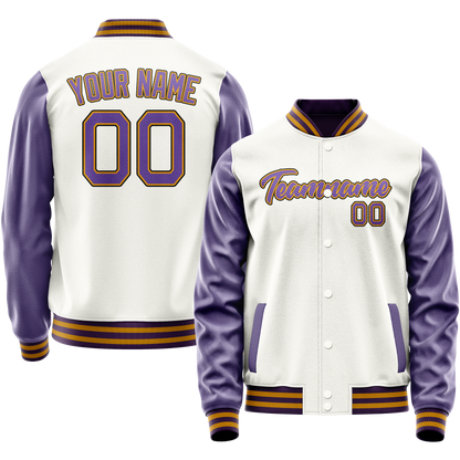Custom White Purple Solid Color Varsity Letterman Jacket