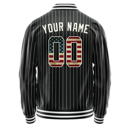 Custom Black Vintage-Usa-Flag Cream Pinstripe Varsity Letterman Jacket