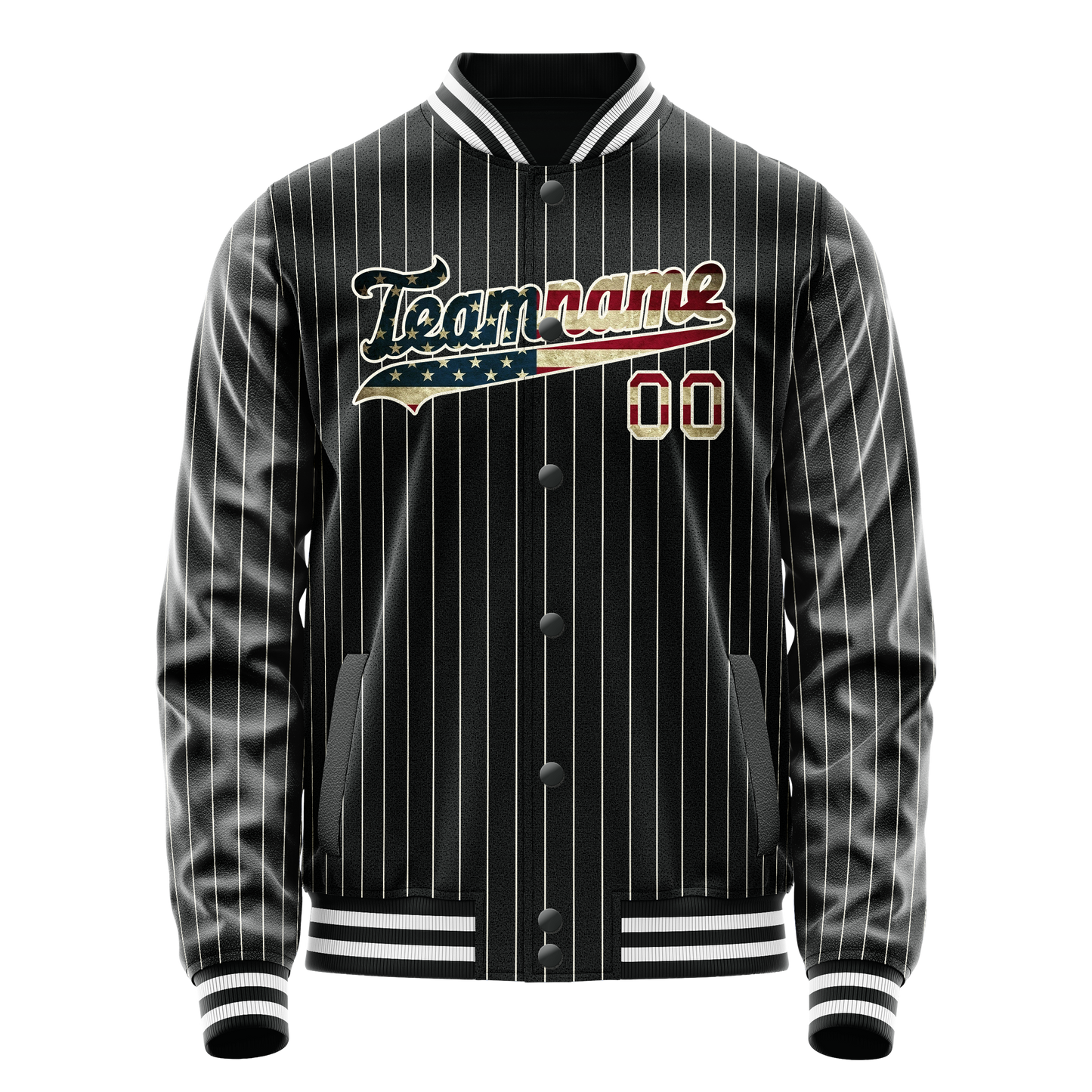 Custom Black Vintage-Usa-Flag Cream Pinstripe Varsity Letterman Jacket