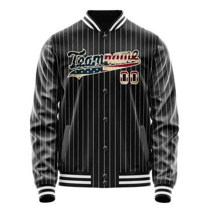 Custom Black Vintage-Usa-Flag Cream Pinstripe Varsity Letterman Jacket