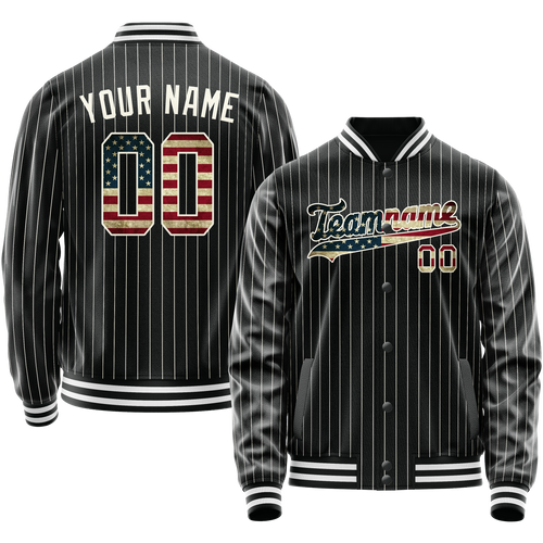 Custom Black Vintage-Usa-Flag Cream Pinstripe Varsity Letterman Jacket