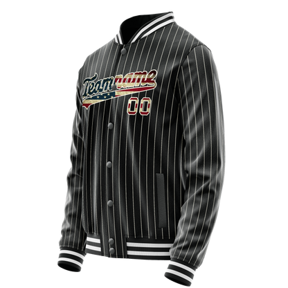 Custom Black Vintage-Usa-Flag Cream Pinstripe Varsity Letterman Jacket