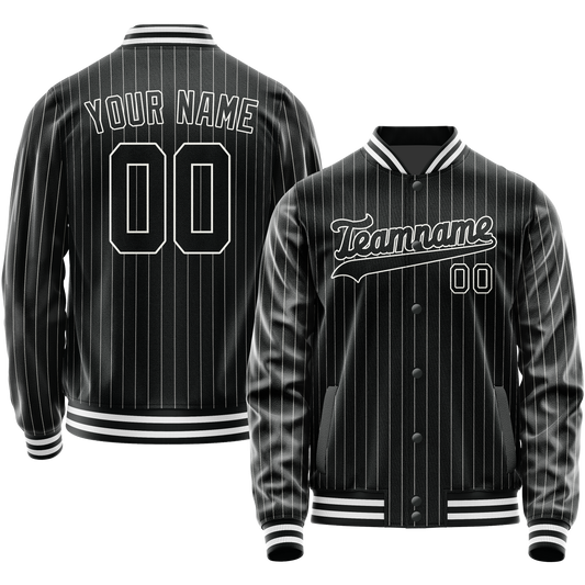 Custom Black White Gray Pinstripe Varsity Letterman Jacket