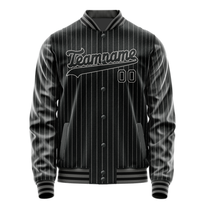 Custom Black Gray Gray Pinstripe Varsity Letterman Jacket